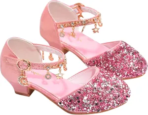 Girls Low Heel Sparkly Dress Shoes Mary Jane Flower Girls Wedding Birthday Pary Dress Shoes for Little/Big Kids