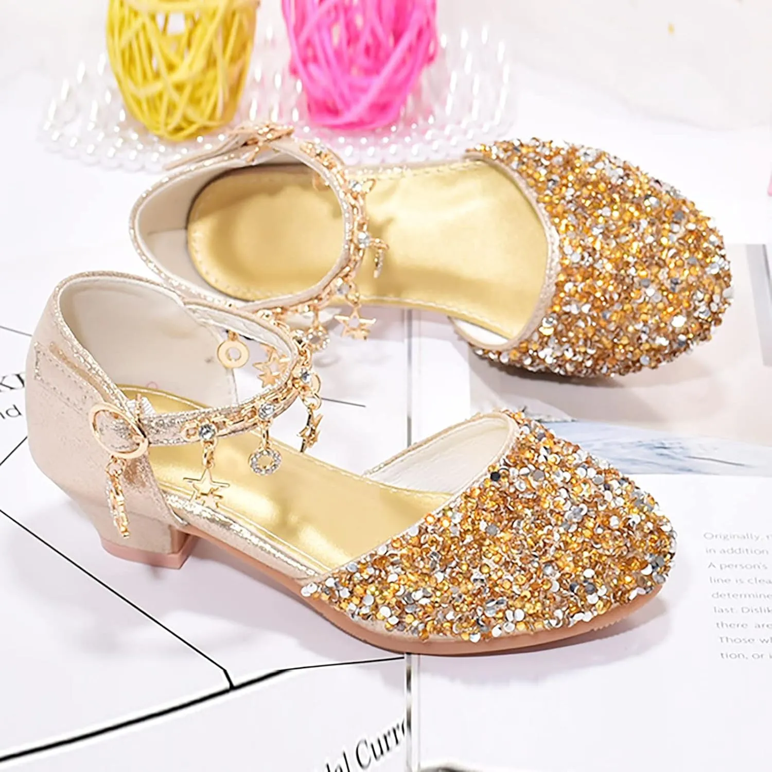 Girls Low Heel Sparkly Dress Shoes Mary Jane Flower Girls Wedding Birthday Pary Dress Shoes for Little/Big Kids
