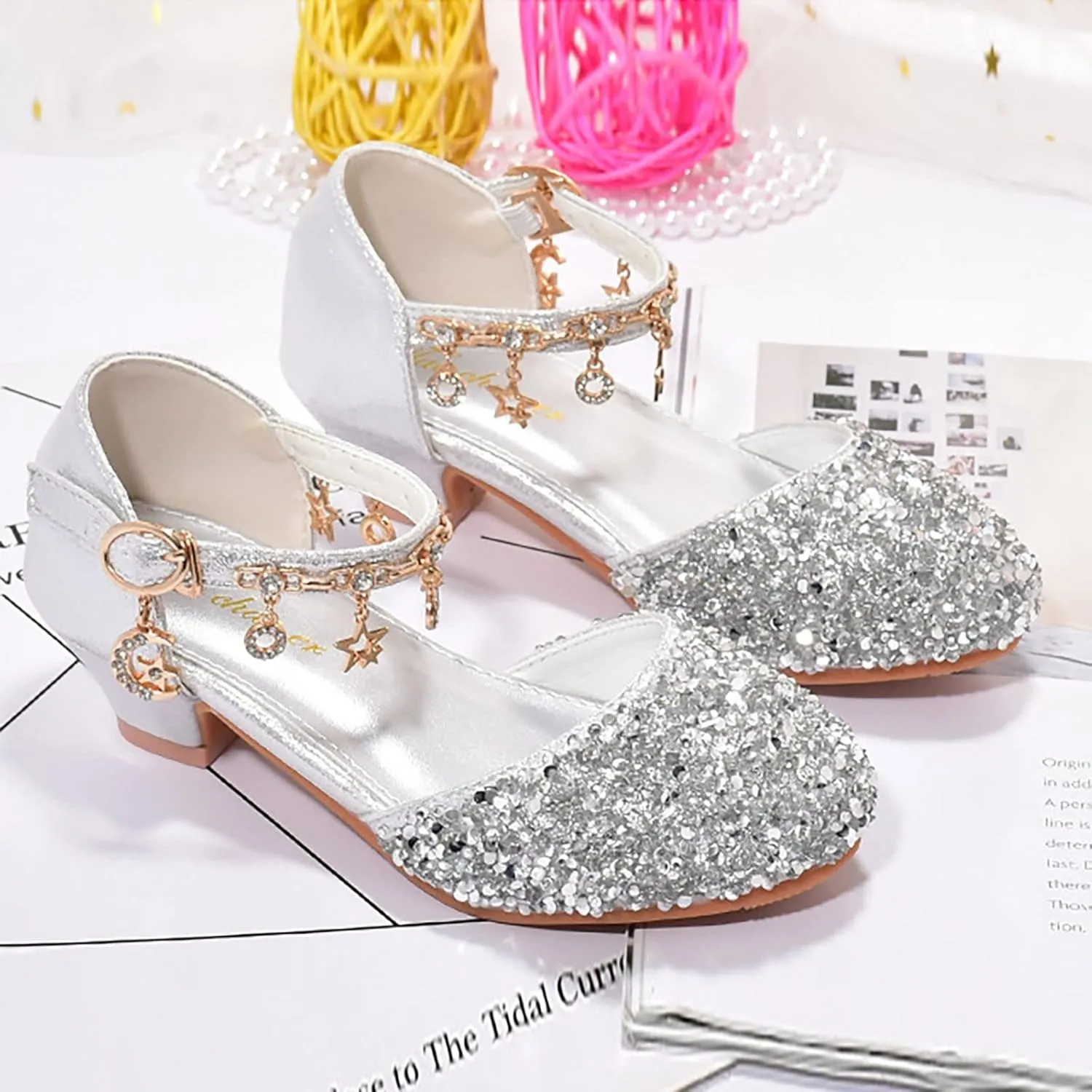Girls Low Heel Sparkly Dress Shoes Mary Jane Flower Girls Wedding Birthday Pary Dress Shoes for Little/Big Kids