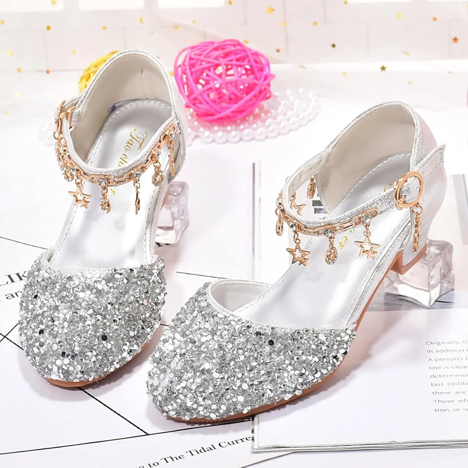 Girls Low Heel Sparkly Dress Shoes Mary Jane Flower Girls Wedding Birthday Pary Dress Shoes for Little/Big Kids