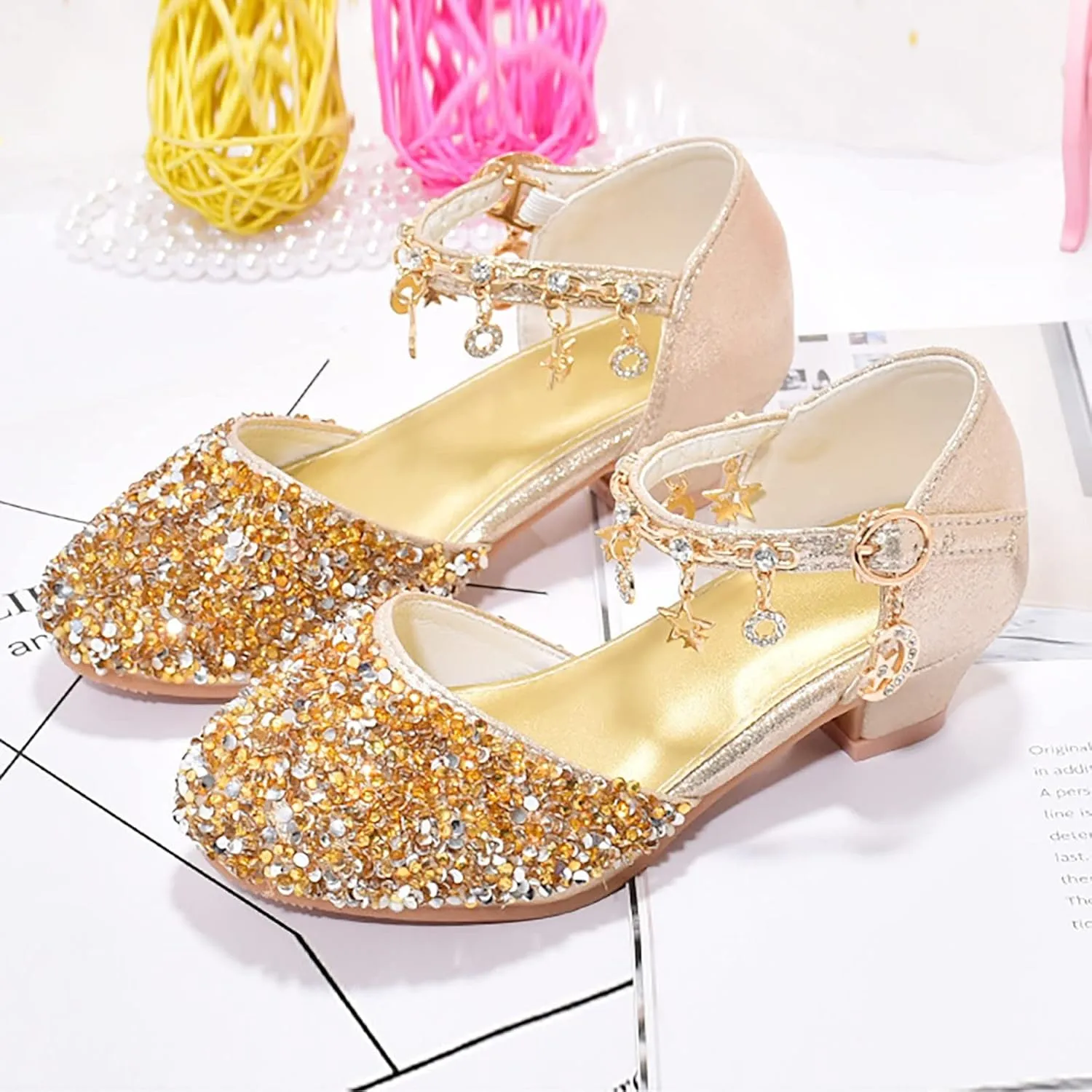 Girls Low Heel Sparkly Dress Shoes Mary Jane Flower Girls Wedding Birthday Pary Dress Shoes for Little/Big Kids
