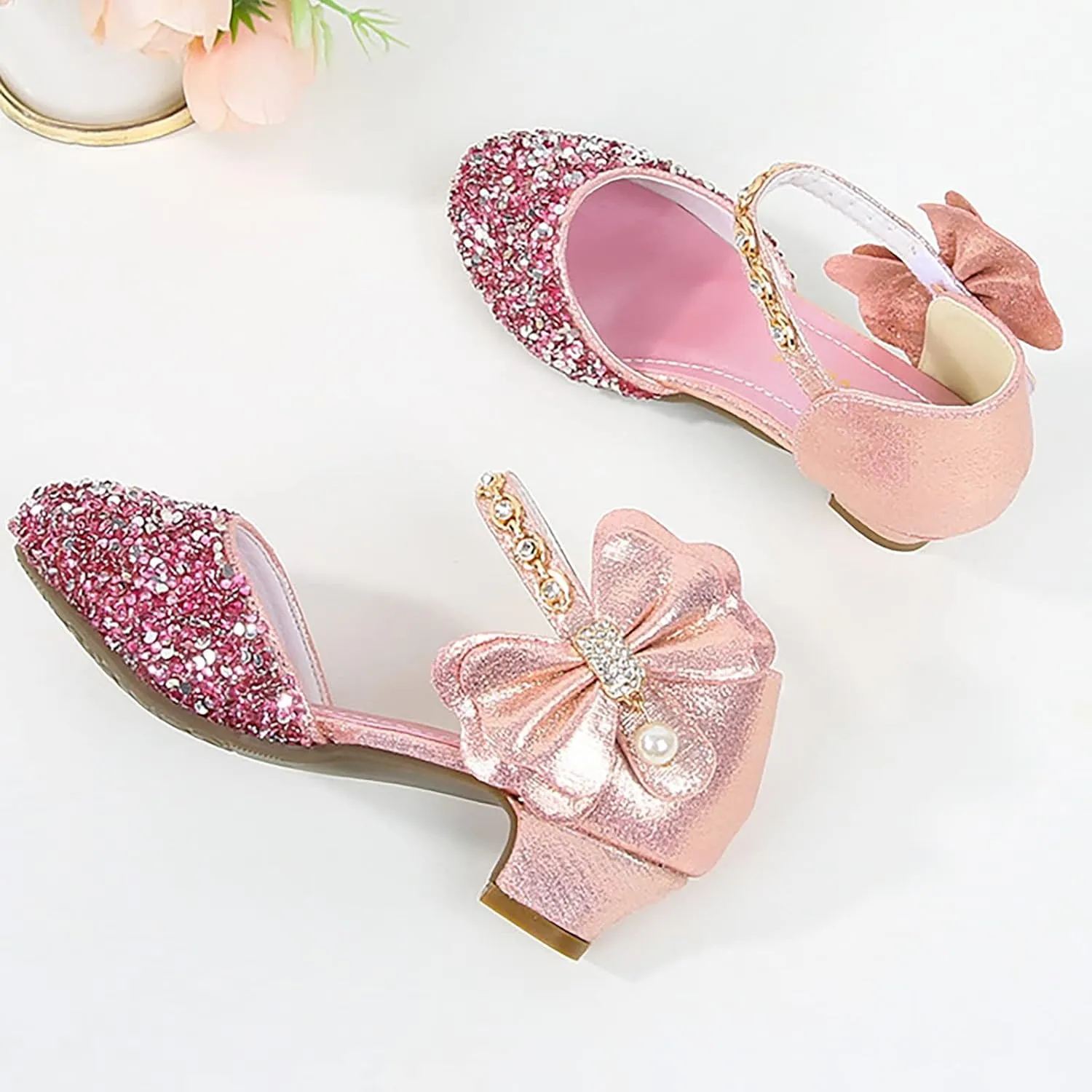 Girls Mary Jane Dress Shoes Rhinestones Bows Flower Girl Wedding Low Heels Pump Shoes Toddler Sandals Kids