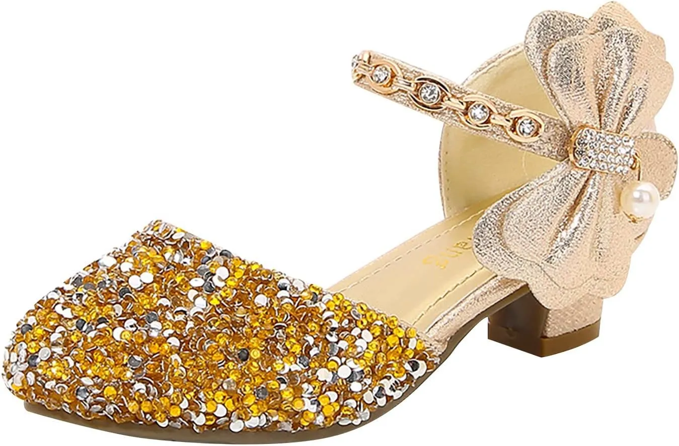 Girls Mary Jane Dress Shoes Rhinestones Bows Flower Girl Wedding Low Heels Pump Shoes Toddler Sandals Kids