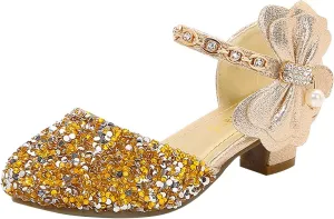 Girls Mary Jane Dress Shoes Rhinestones Bows Flower Girl Wedding Low Heels Pump Shoes Toddler Sandals Kids