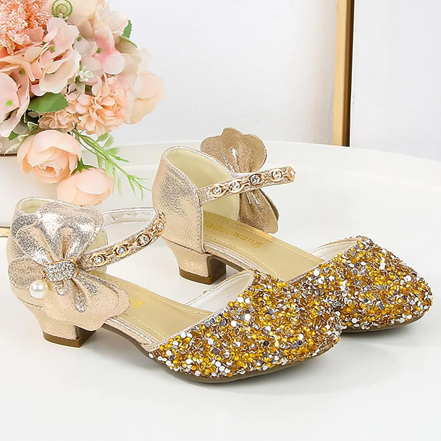Girls Mary Jane Dress Shoes Rhinestones Bows Flower Girl Wedding Low Heels Pump Shoes Toddler Sandals Kids