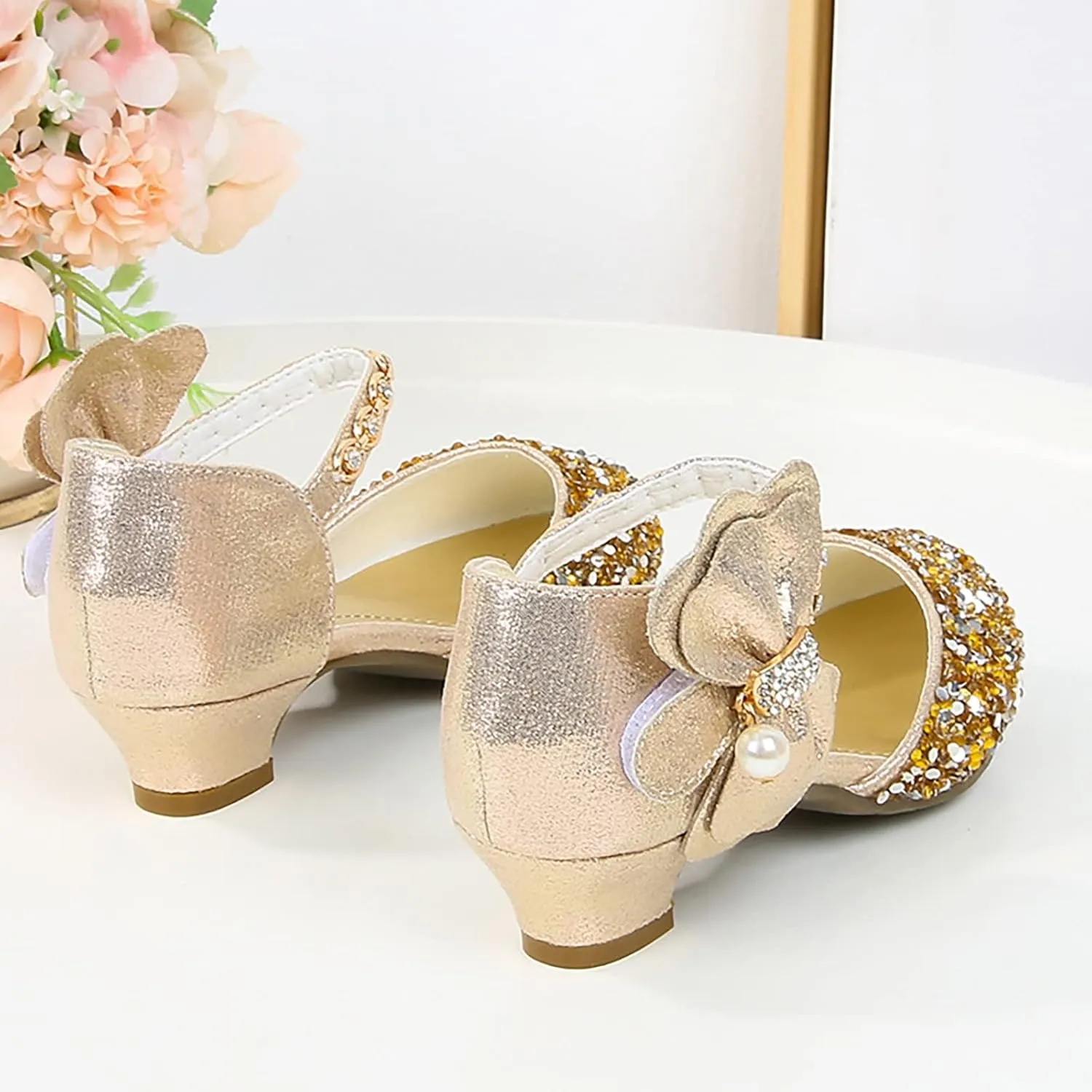 Girls Mary Jane Dress Shoes Rhinestones Bows Flower Girl Wedding Low Heels Pump Shoes Toddler Sandals Kids