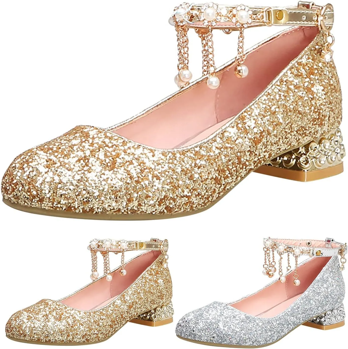Girls Mary Jane Dress Shoes with Rhinestones Pearls Flower Girl Wedding Low Heels Toddler Little Kids Pump Shoes