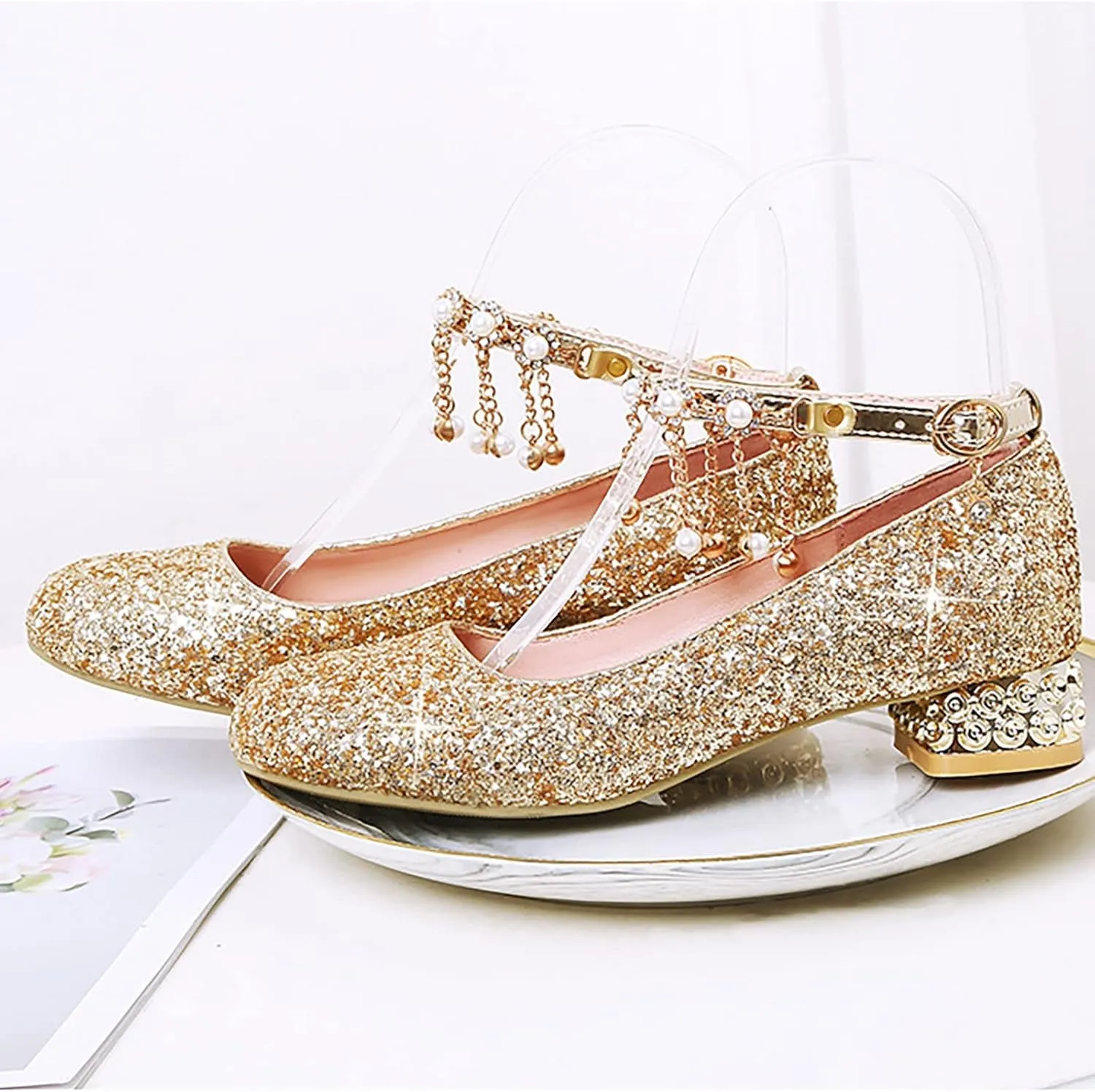 Girls Mary Jane Dress Shoes with Rhinestones Pearls Flower Girl Wedding Low Heels Toddler Little Kids Pump Shoes