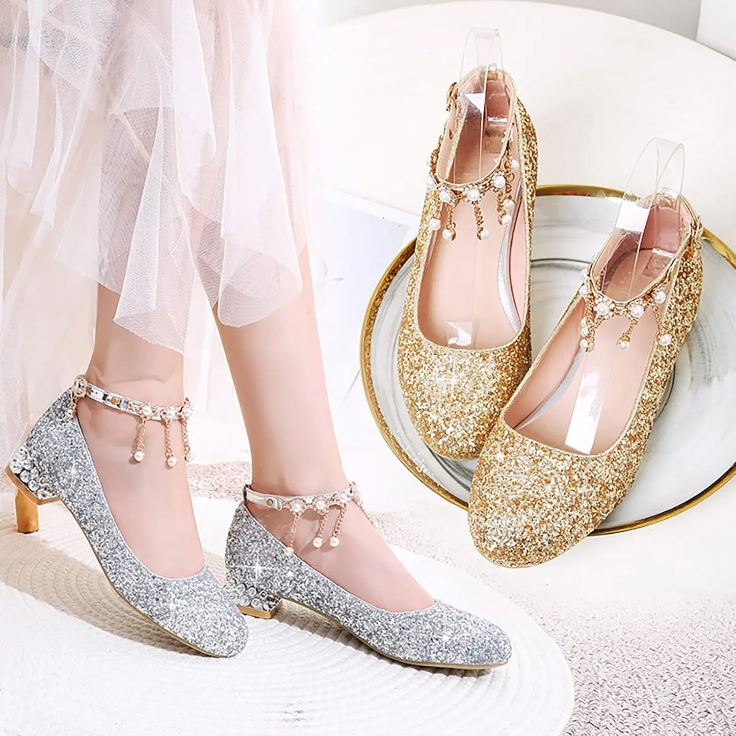 Girls Mary Jane Dress Shoes with Rhinestones Pearls Flower Girl Wedding Low Heels Toddler Little Kids Pump Shoes