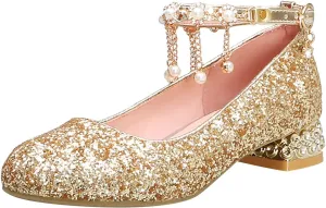 Girls Mary Jane Dress Shoes with Rhinestones Pearls Flower Girl Wedding Low Heels Toddler Little Kids Pump Shoes