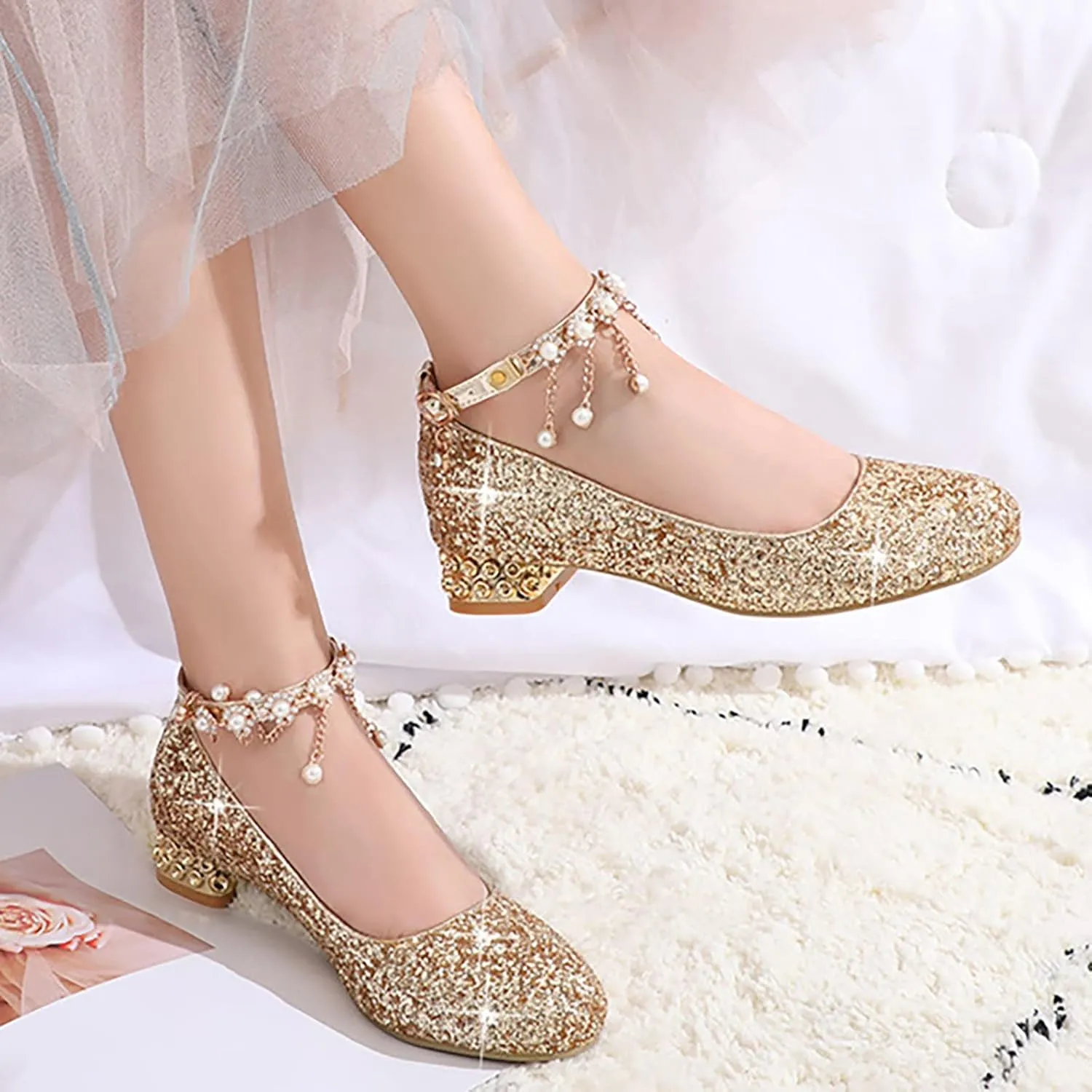 Girls Mary Jane Dress Shoes with Rhinestones Pearls Flower Girl Wedding Low Heels Toddler Little Kids Pump Shoes