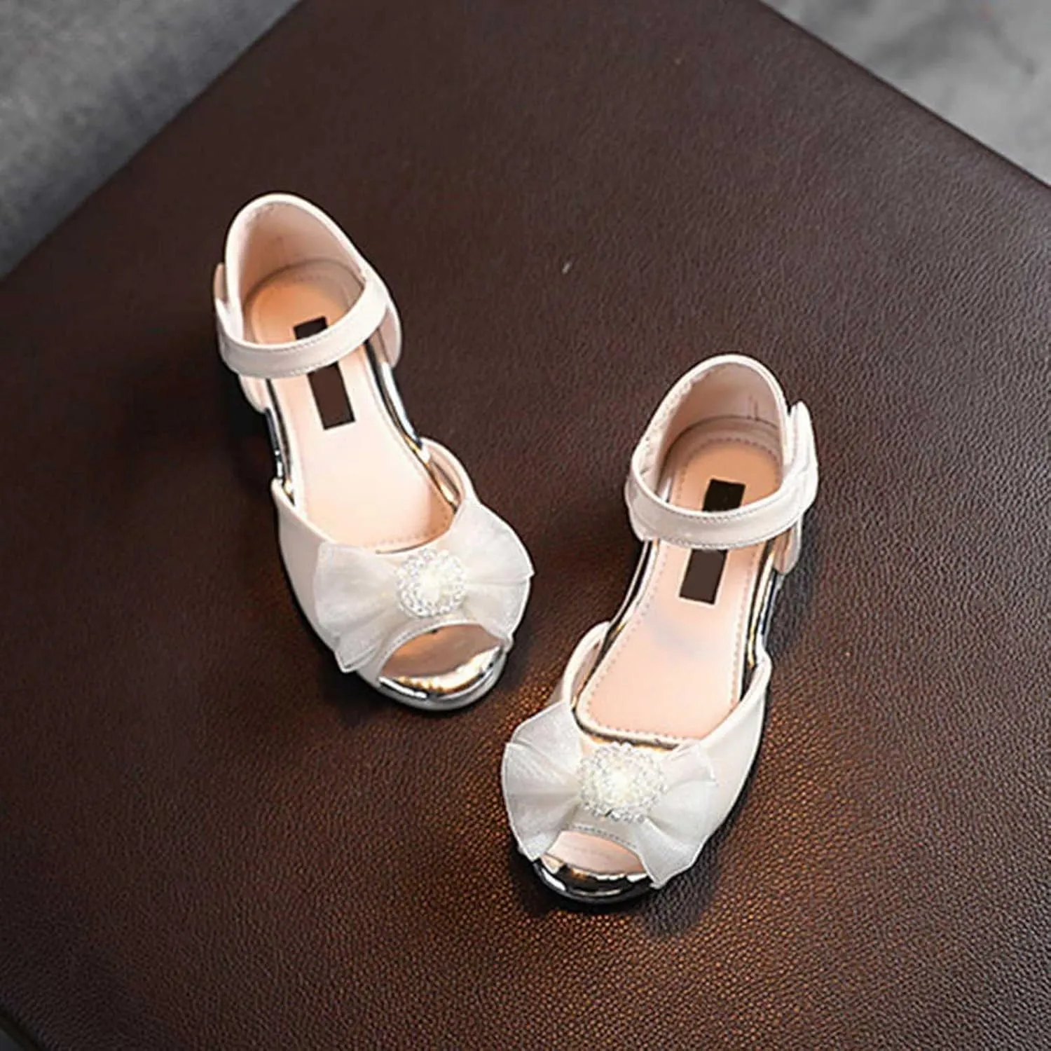 Girls Open Toe Heels Dress Shoes Flower Girl Mary Jane Sandals with Bow Wedding Party Shoes for Toddler Slides