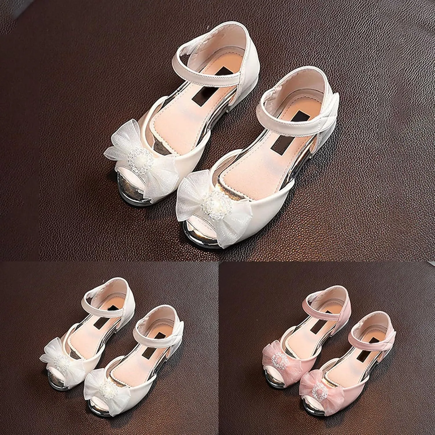 Girls Open Toe Heels Dress Shoes Flower Girl Mary Jane Sandals with Bow Wedding Party Shoes for Toddler Slides