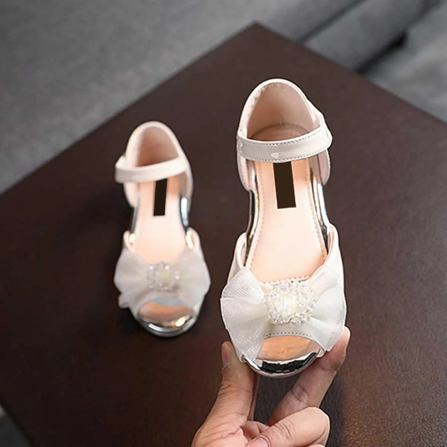 Girls Open Toe Heels Dress Shoes Flower Girl Mary Jane Sandals with Bow Wedding Party Shoes for Toddler Slides
