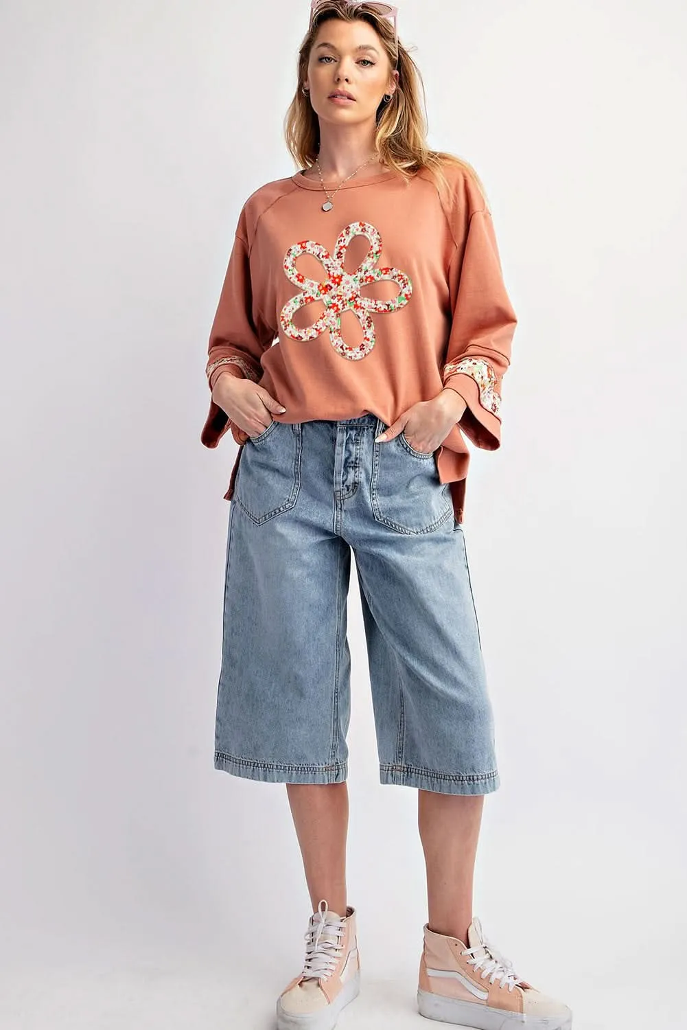 Grapefruit Orange Flower Patch Graphic Exposed Seam Wide Sleeve Top