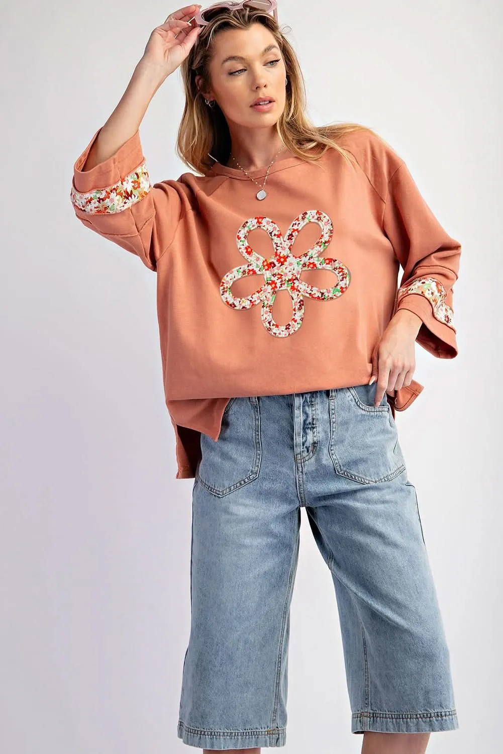 Grapefruit Orange Flower Patch Graphic Exposed Seam Wide Sleeve Top