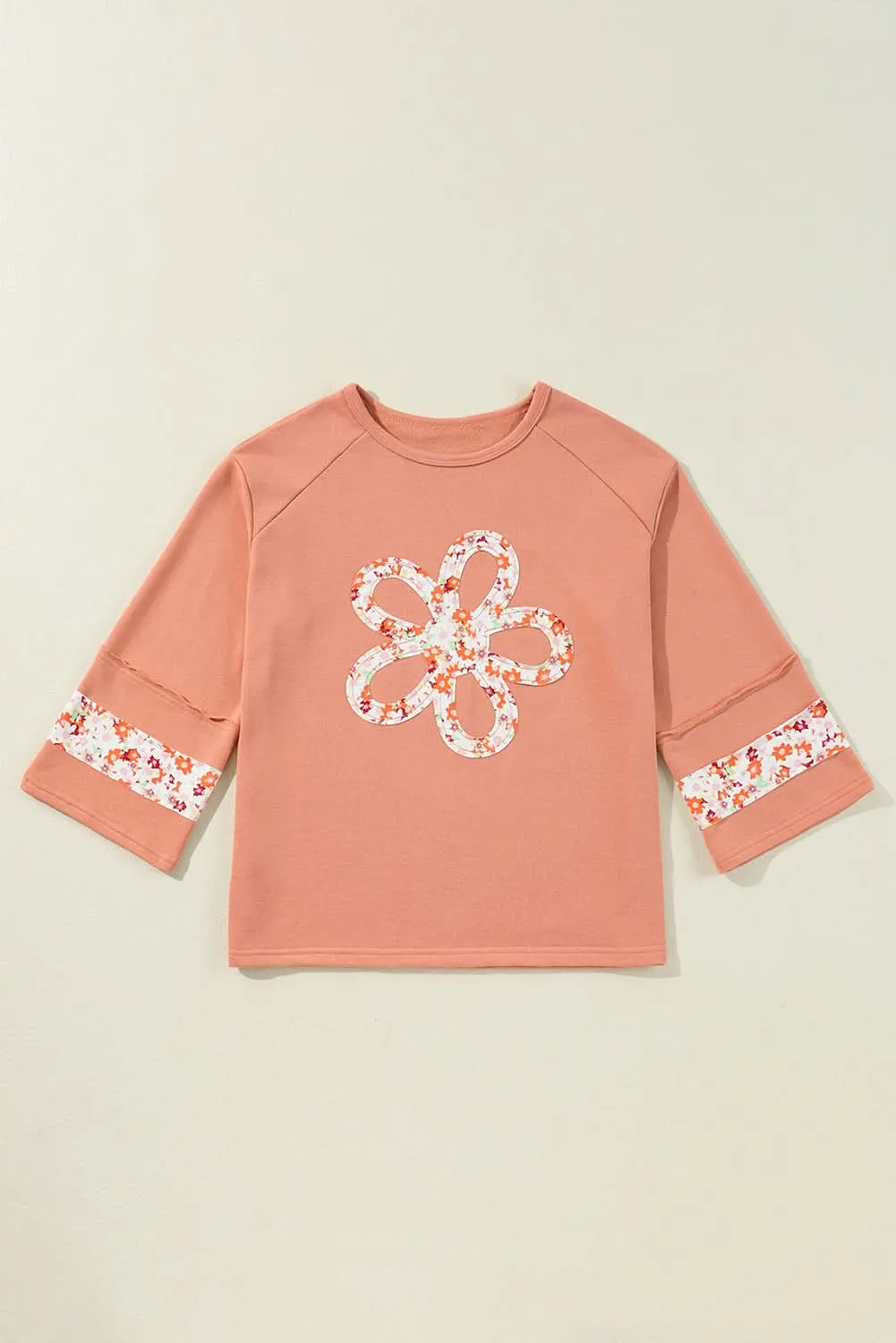 Grapefruit Orange Flower Patch Graphic Exposed Seam Wide Sleeve Top
