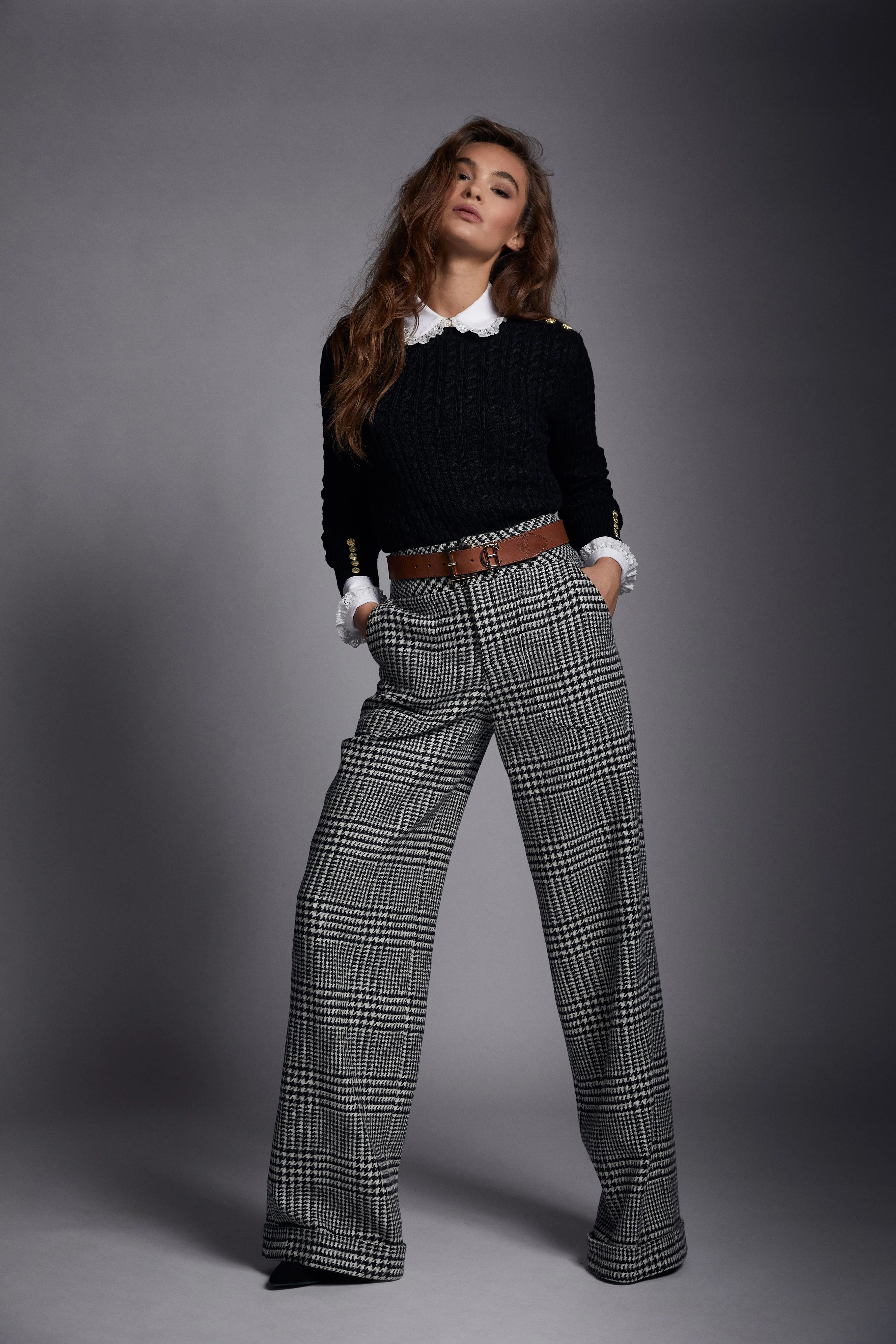 High Waisted Straight Trouser (Large Scale Prince of Wales Mono)