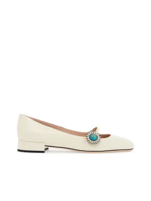 Ivory Kid Leather Ballerinas With Crystal Embellishment