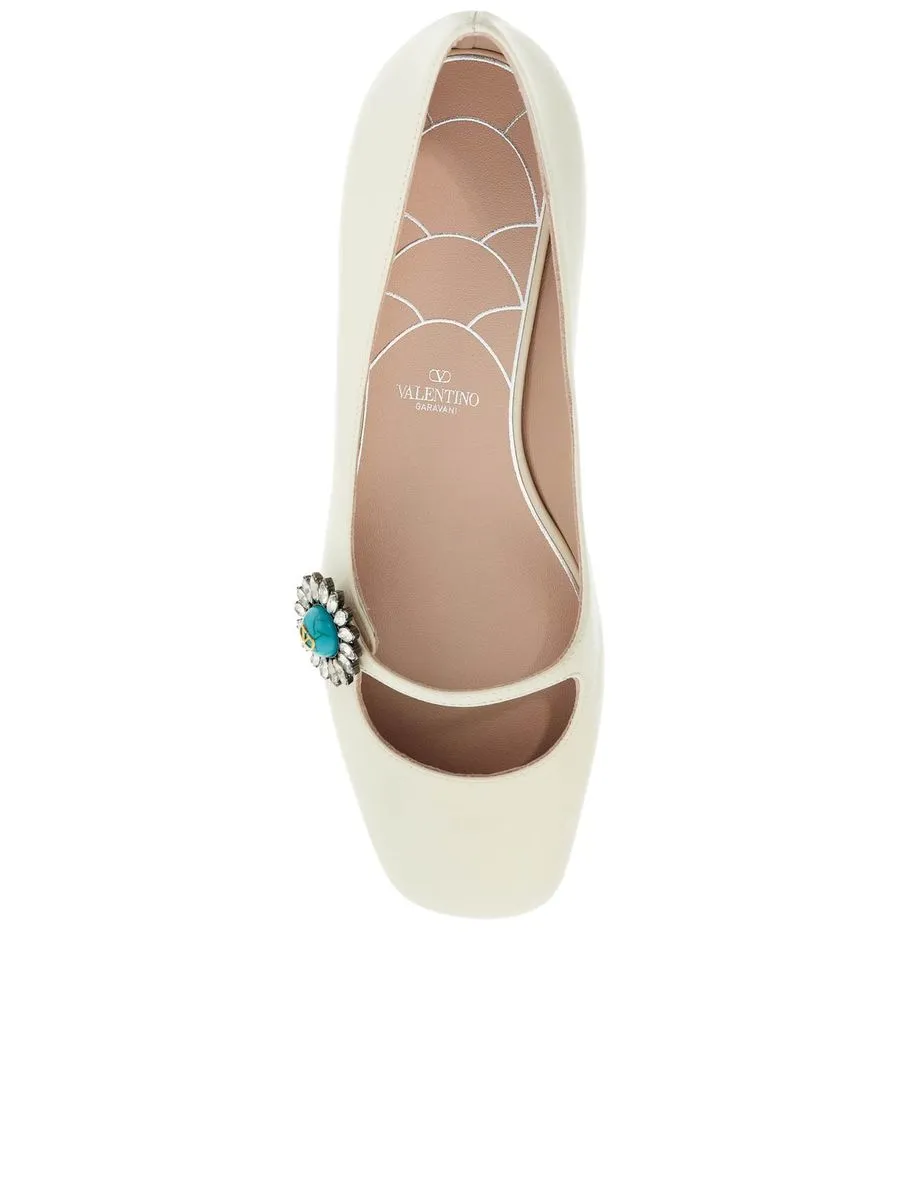 Ivory Kid Leather Ballerinas With Crystal Embellishment