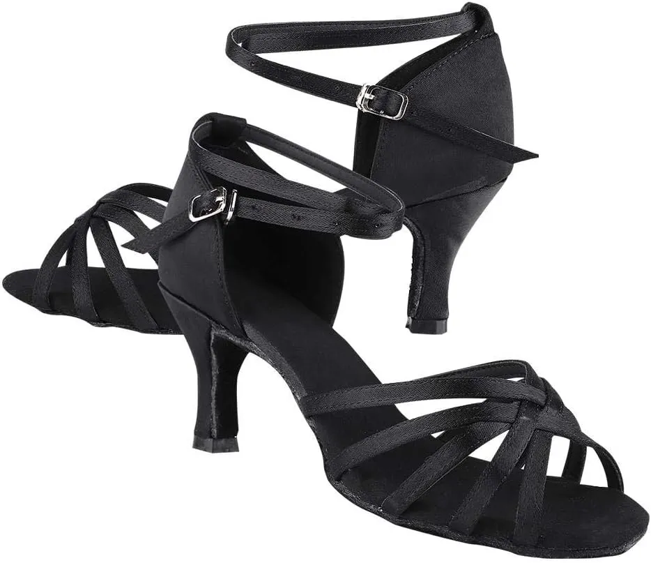 Keenso Latin Shoes Ballroom Shoes Imported Satin Fabric Girls Latin Dance Shoe Fashionable and Classical(36-Black) Dance supplies merlet dance shoes