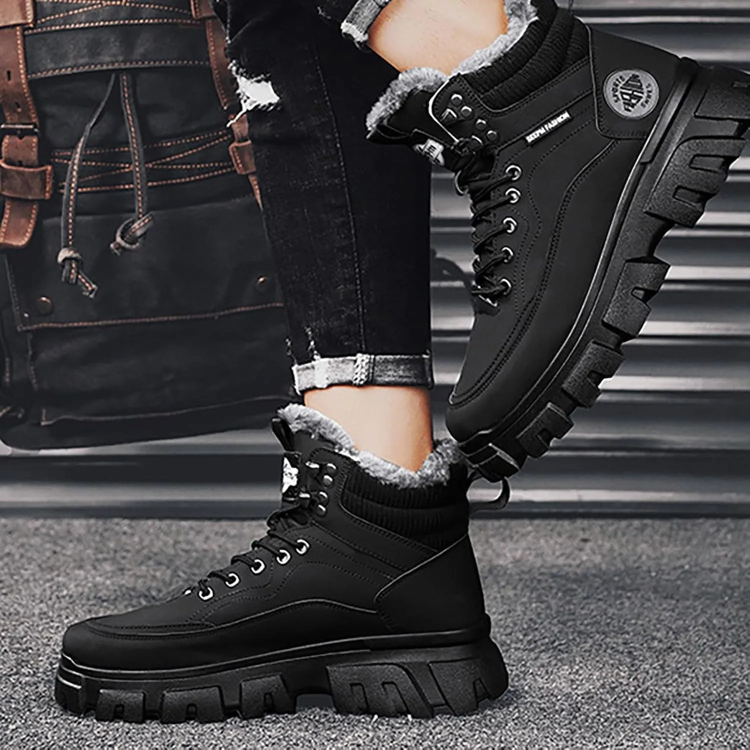 Men's Work Boots Soft Toe Hiking Sneakers Zip Up Fur Lined Womens Safety Toe Shoes Wide Width Platform Shoes Slip Resistant Safety Hike Grounded Footwear