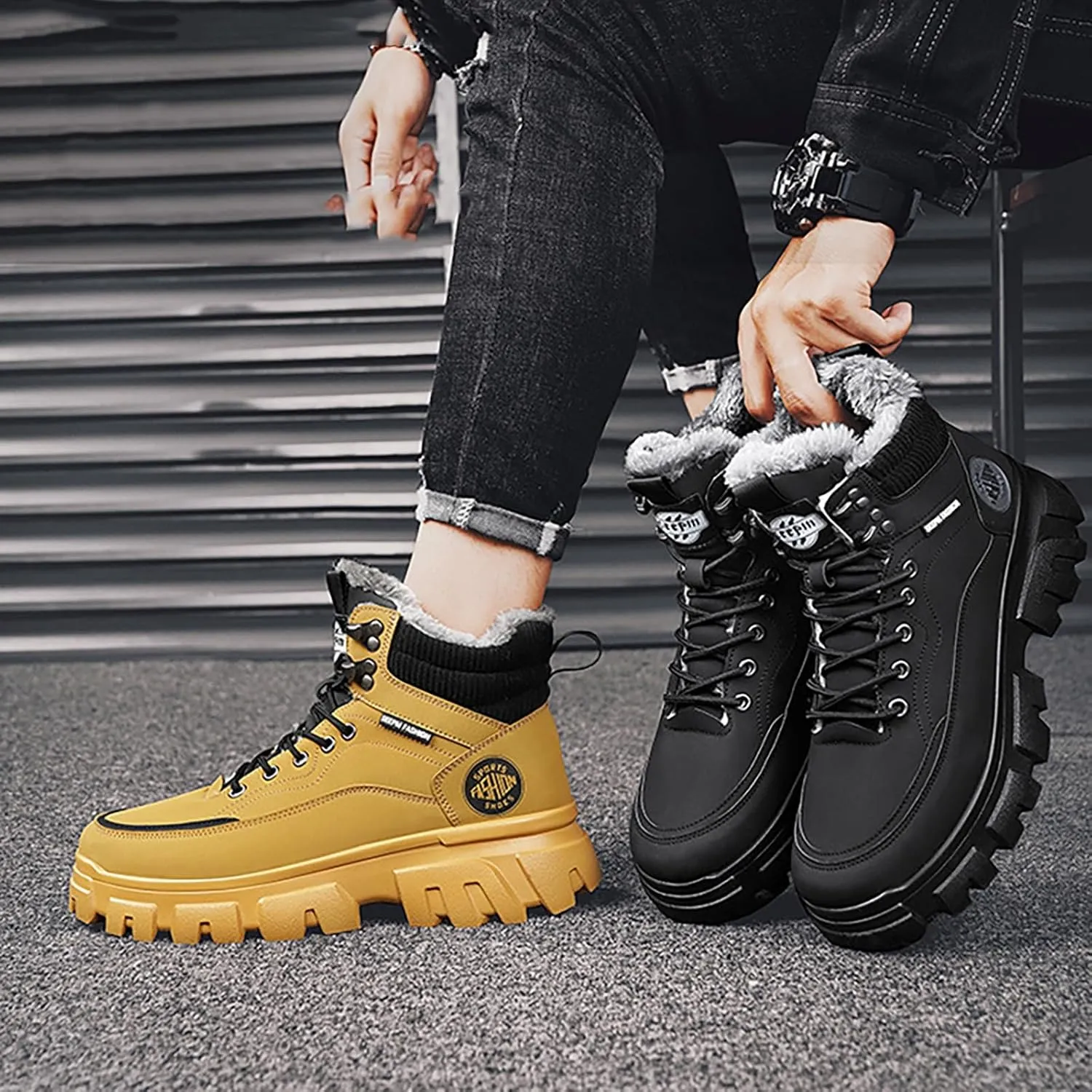 Men's Work Boots Soft Toe Hiking Sneakers Zip Up Fur Lined Womens Safety Toe Shoes Wide Width Platform Shoes Slip Resistant Safety Hike Grounded Footwear