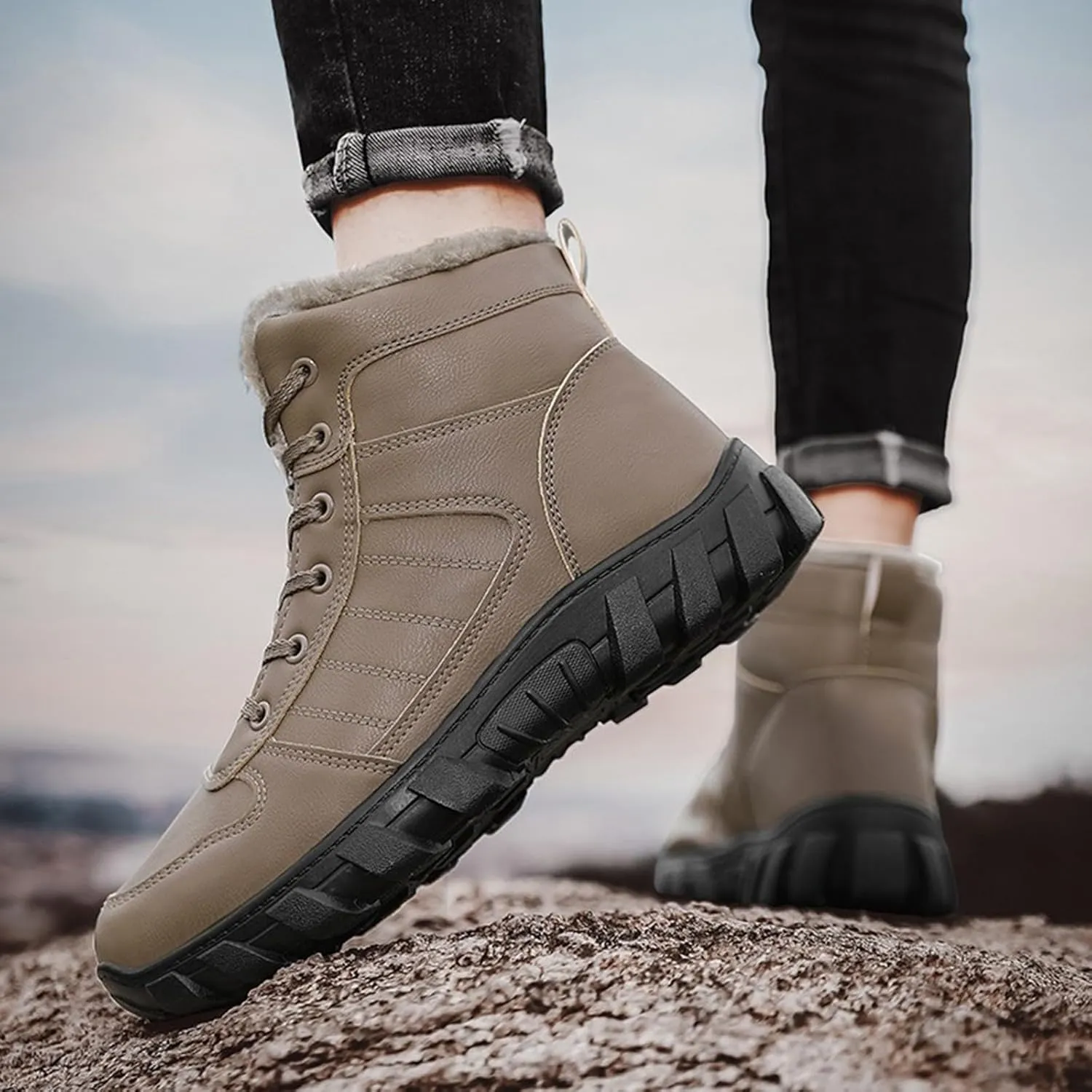 Men's Work Boots Wide Width Hiking Sneakers with Warm Fur Lining Women's Working Shoes Food Service Non Slip Shoes Food Service Waterproof Hike Grounded Footwear