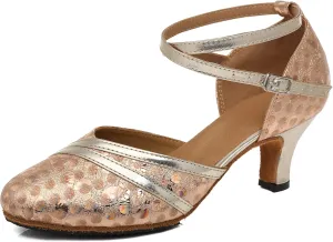 Minishion Comfortable Dance Shoes for Women Dots Mid Heel Practice Dancing Pumps L476