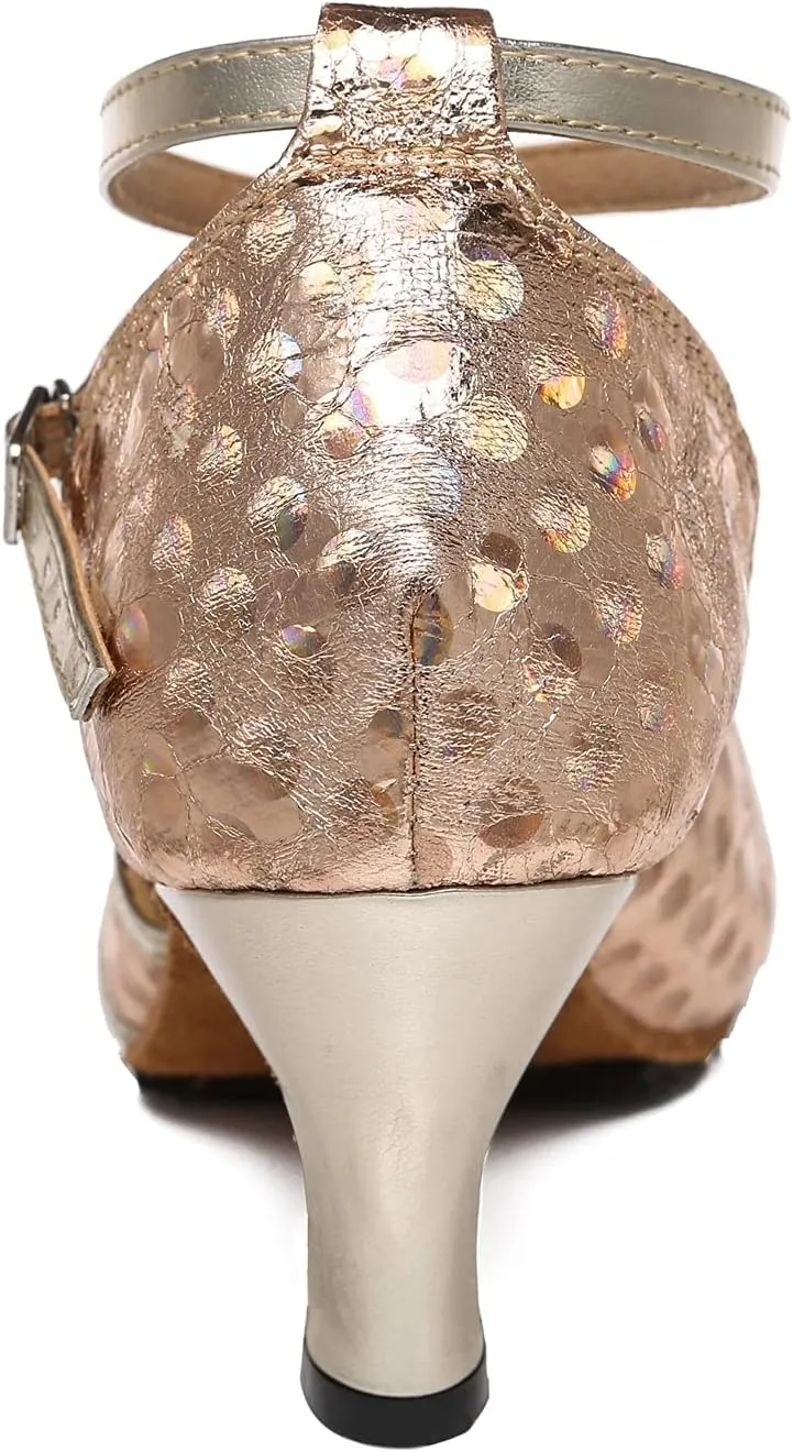 Minishion Comfortable Dance Shoes for Women Dots Mid Heel Practice Dancing Pumps L476