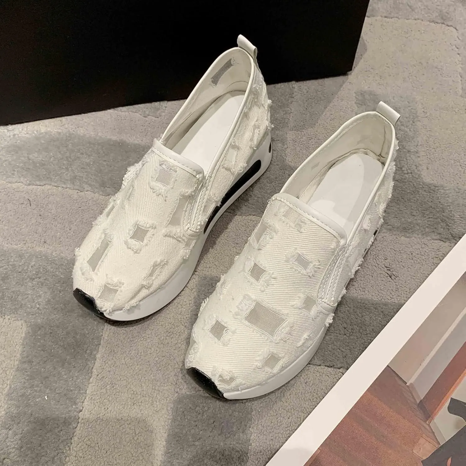 Platform Wedge Sneakers for Women Floral Embroidery Breathable Sheer Mesh Lace Sneakers Mesh Air Comfort Chunky Sole Hidden High Heels Slip On Loafers Dressy Casual Walking Shoes