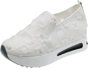 Platform Wedge Sneakers for Women Floral Embroidery Breathable Sheer Mesh Lace Sneakers Mesh Air Comfort Chunky Sole Hidden High Heels Slip On Loafers Dressy Casual Walking Shoes