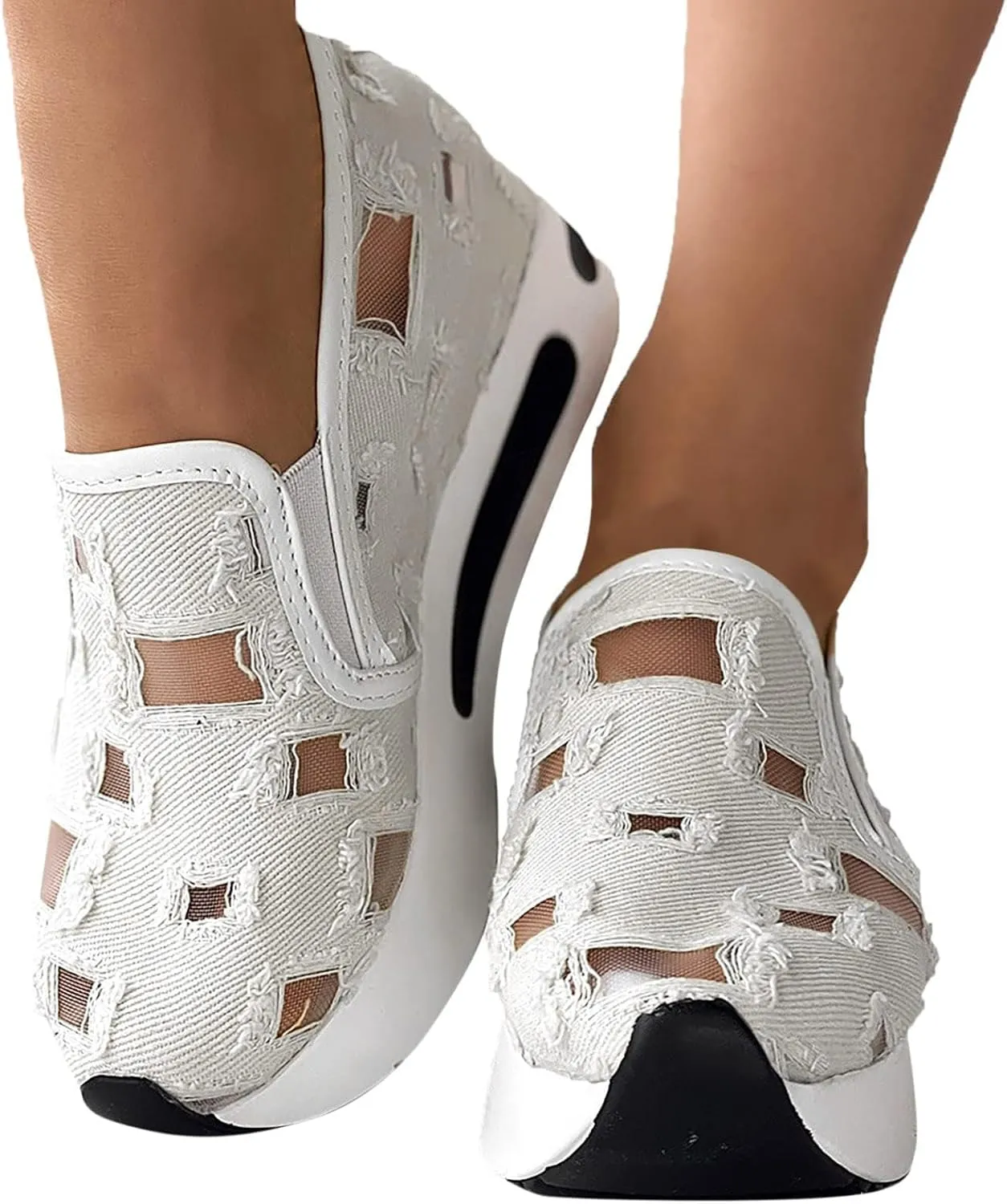 Platform Wedge Sneakers for Women Floral Embroidery Breathable Sheer Mesh Lace Sneakers Mesh Air Comfort Chunky Sole Hidden High Heels Slip On Loafers Dressy Casual Walking Shoes