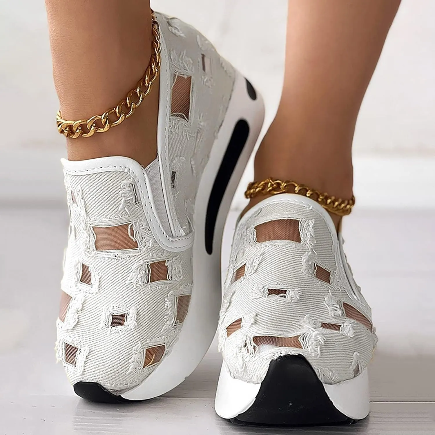 Platform Wedge Sneakers for Women Floral Embroidery Breathable Sheer Mesh Lace Sneakers Mesh Air Comfort Chunky Sole Hidden High Heels Slip On Loafers Dressy Casual Walking Shoes