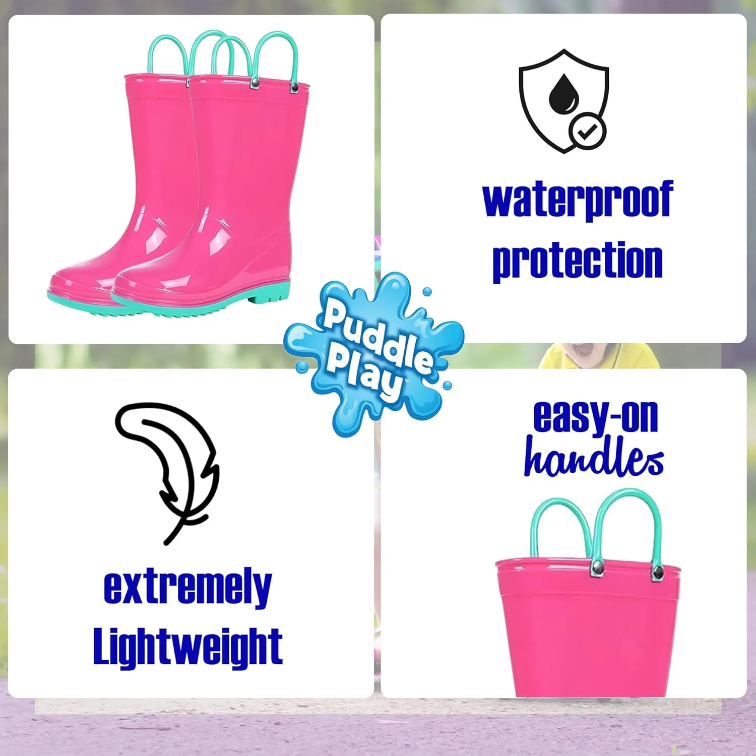 Puddle Play Toddler and Kids Waterproof PVC Rain Boots with Easy-On Handles  Lightweight Slip-Resistant Outdoor Boots for Boys and Girls