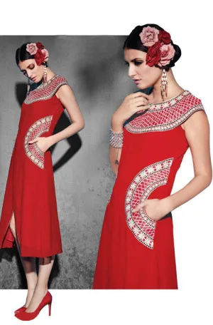 Red Embroidered Georgette Designer Kurti