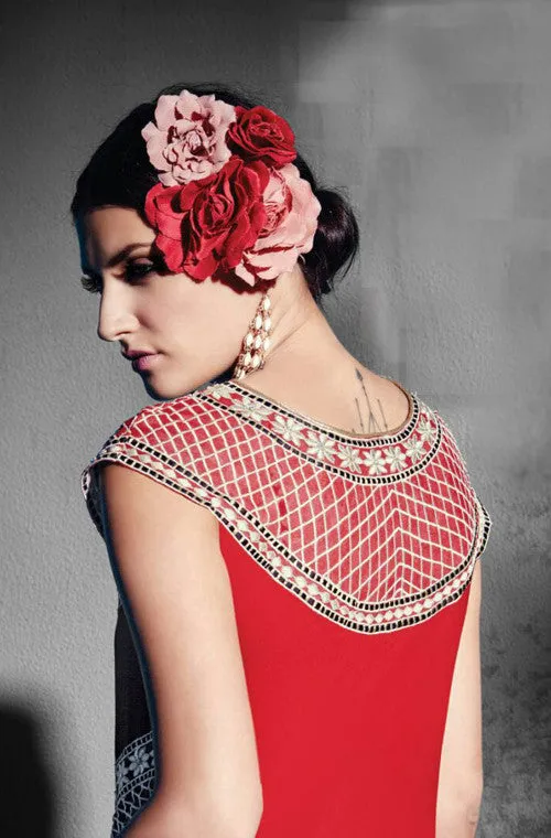 Red Embroidered Georgette Designer Kurti