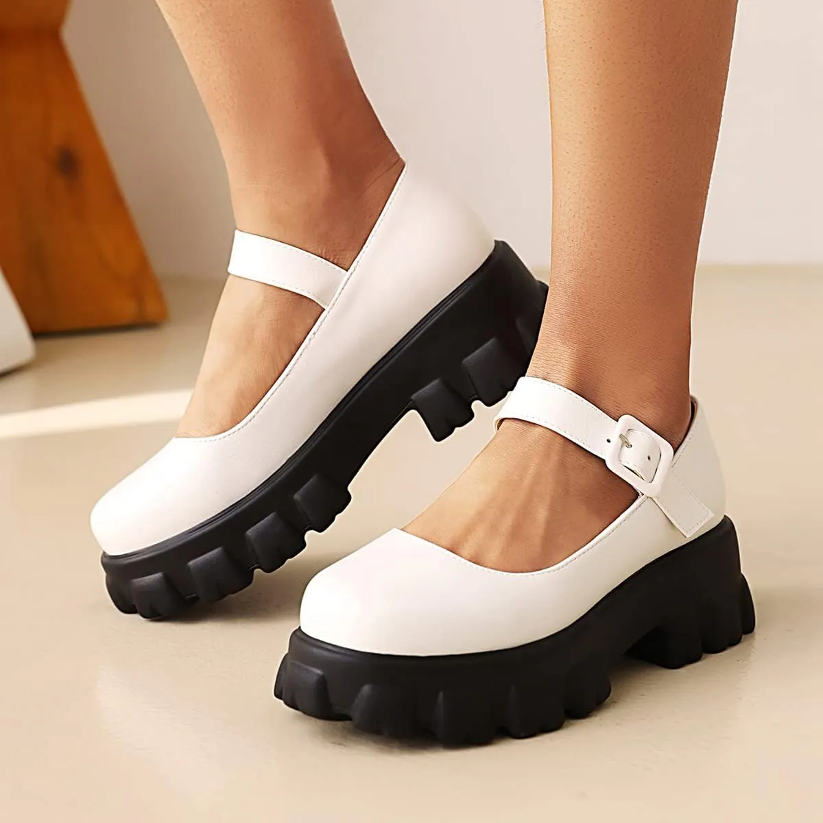 Scaoruki Women Fashion Loafers Platform Chunky Heels Slip on Shoes