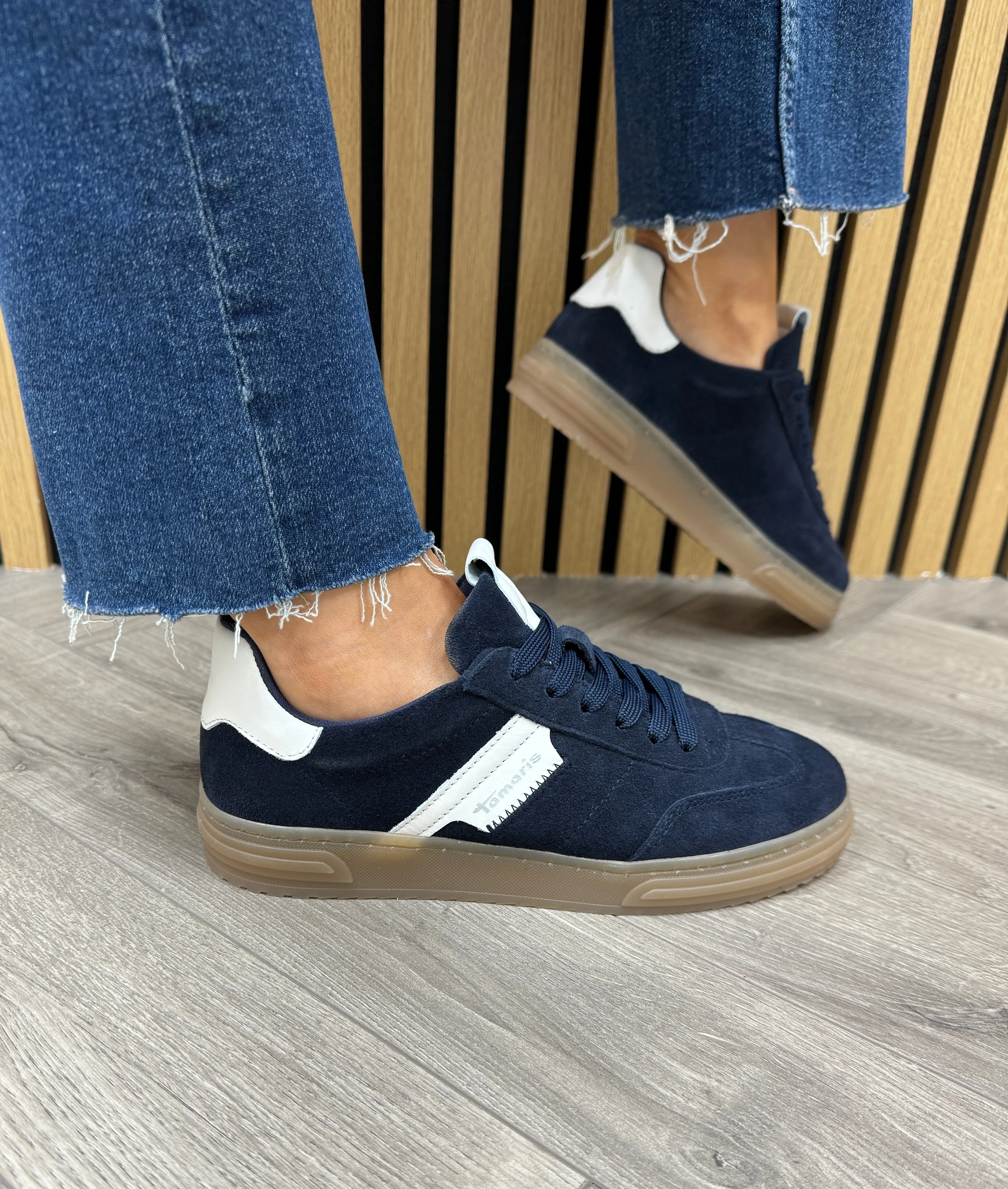 Tamaris (SS25) Suede Lace Up Trainer with Gum Sole 23788 - Navy (T2)