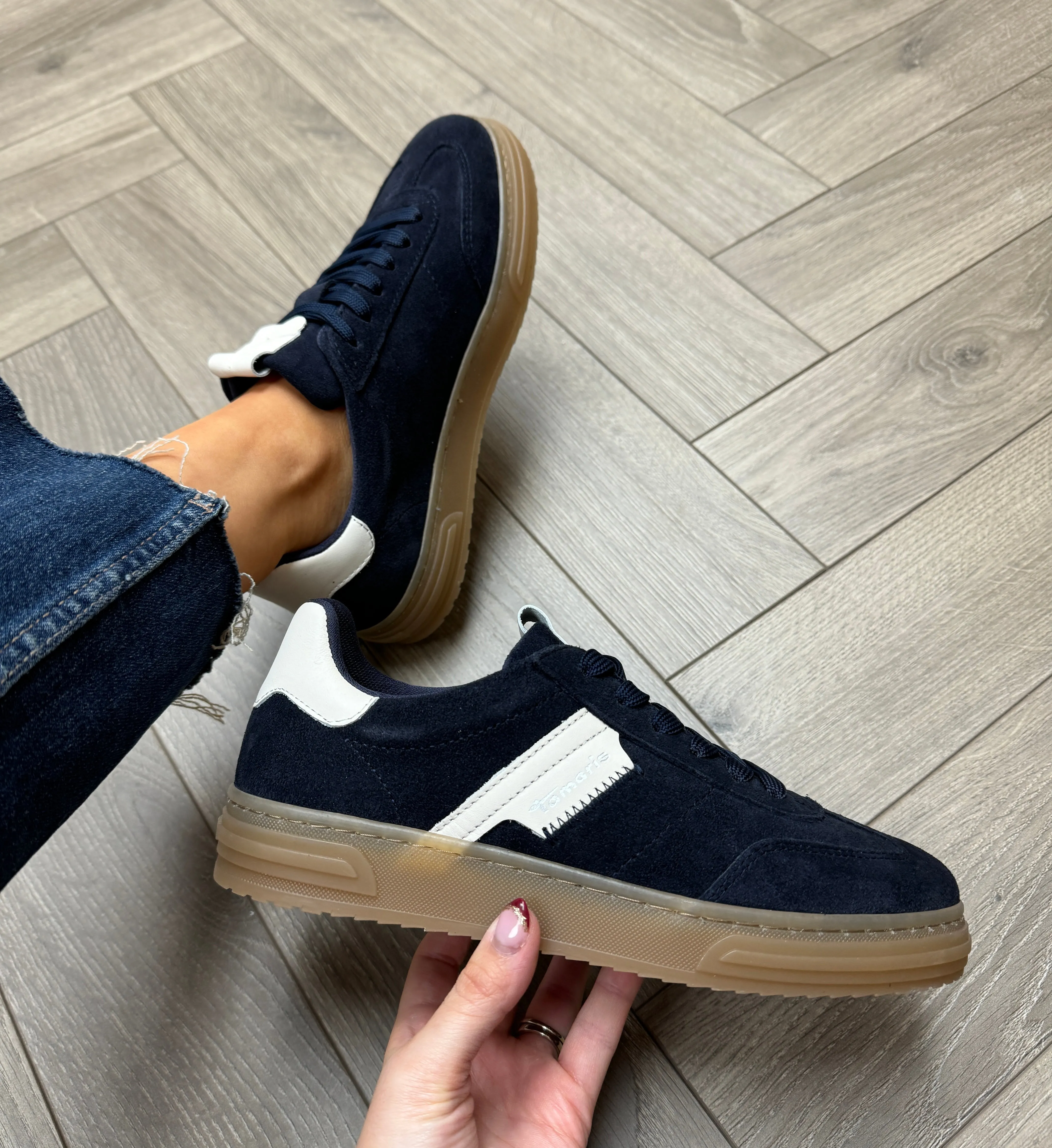 Tamaris (SS25) Suede Lace Up Trainer with Gum Sole 23788 - Navy (T2)