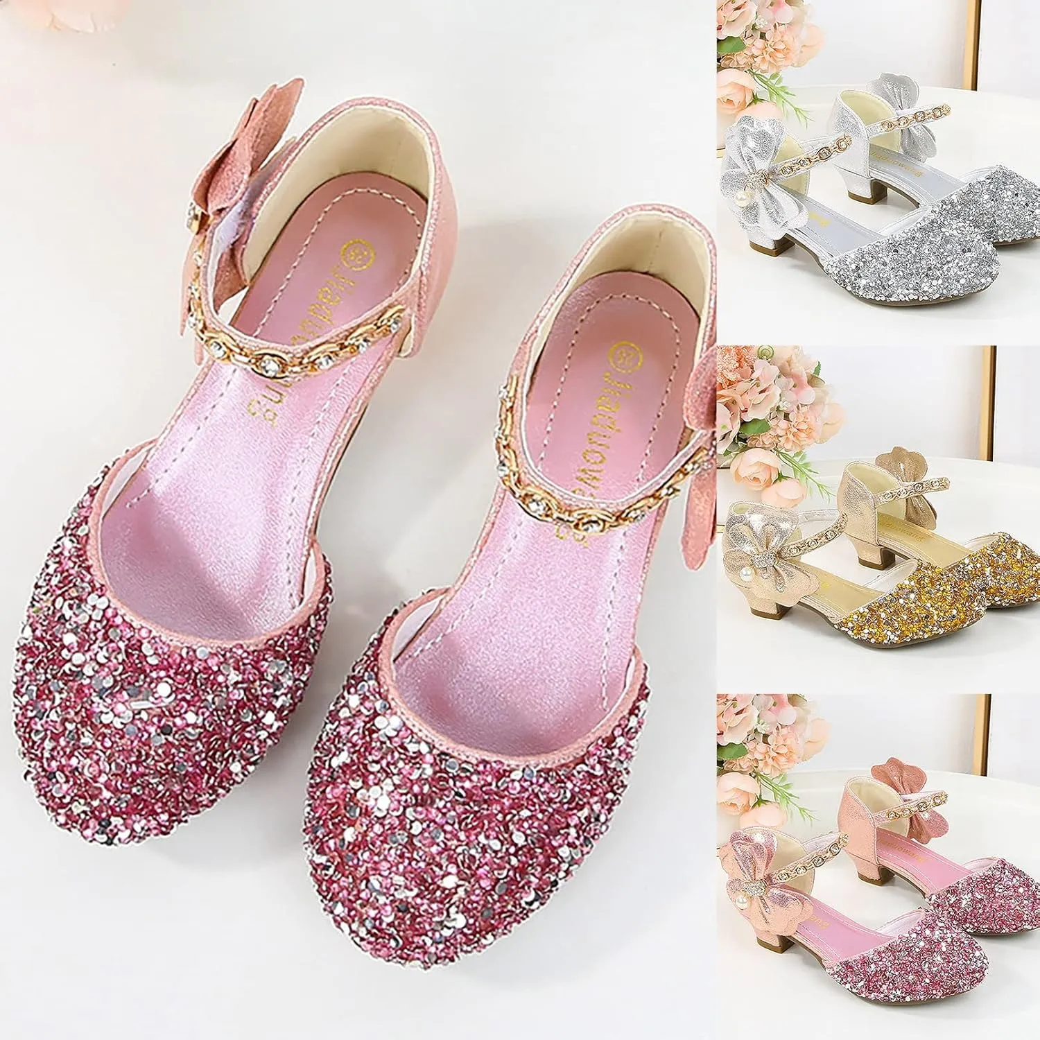 Toddler Girls Mary Jane Dress Shoes Rhinestones Bows Flower Girl Wedding Low Heels Pump Shoes Toddler Sandals Kids