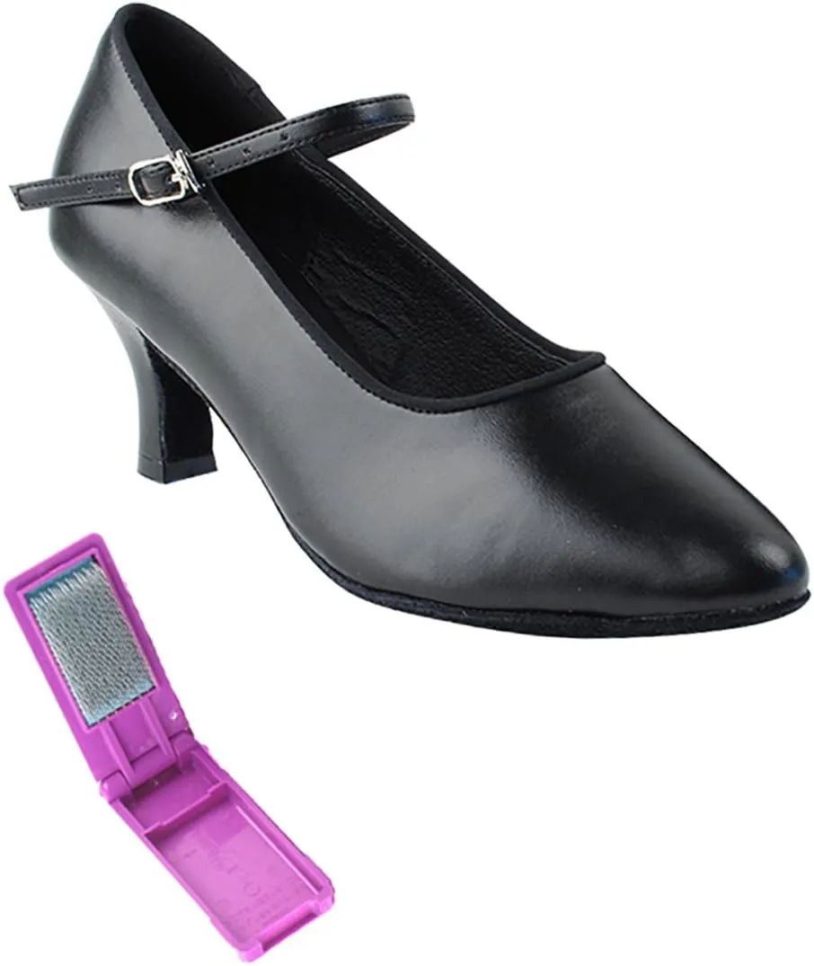 Very Fine Dance Shoes - Ladies Standard, Smooth Ballroom Dance Shoes - SERA5522-2.5-inch Heel and Foldable Brush Bundle - Black Leather - 8.5