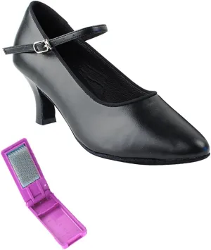 Very Fine Dance Shoes - Ladies Standard, Smooth Ballroom Dance Shoes - SERA5522-2.5-inch Heel and Foldable Brush Bundle - Black Leather - 8.5