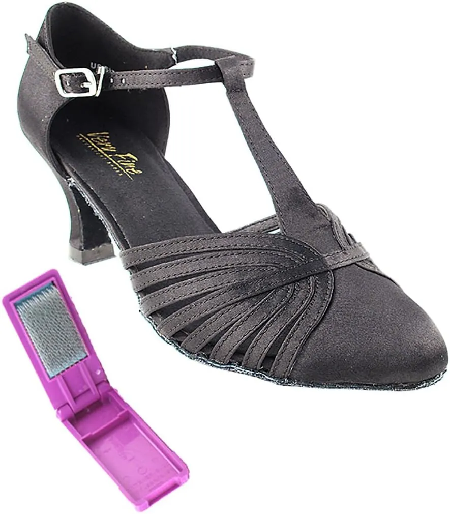 Very Fine Dance Shoes - Ladies Standard, Smooth, Waltz Ballroom Dance Shoes - 6829-2.5-inch Heel and Foldable Brush Bundle - Black Satin - 8