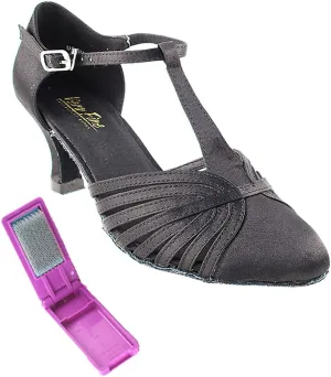 Very Fine Dance Shoes - Ladies Standard, Smooth, Waltz Ballroom Dance Shoes - 6829-2.5-inch Heel and Foldable Brush Bundle - Black Satin - 8