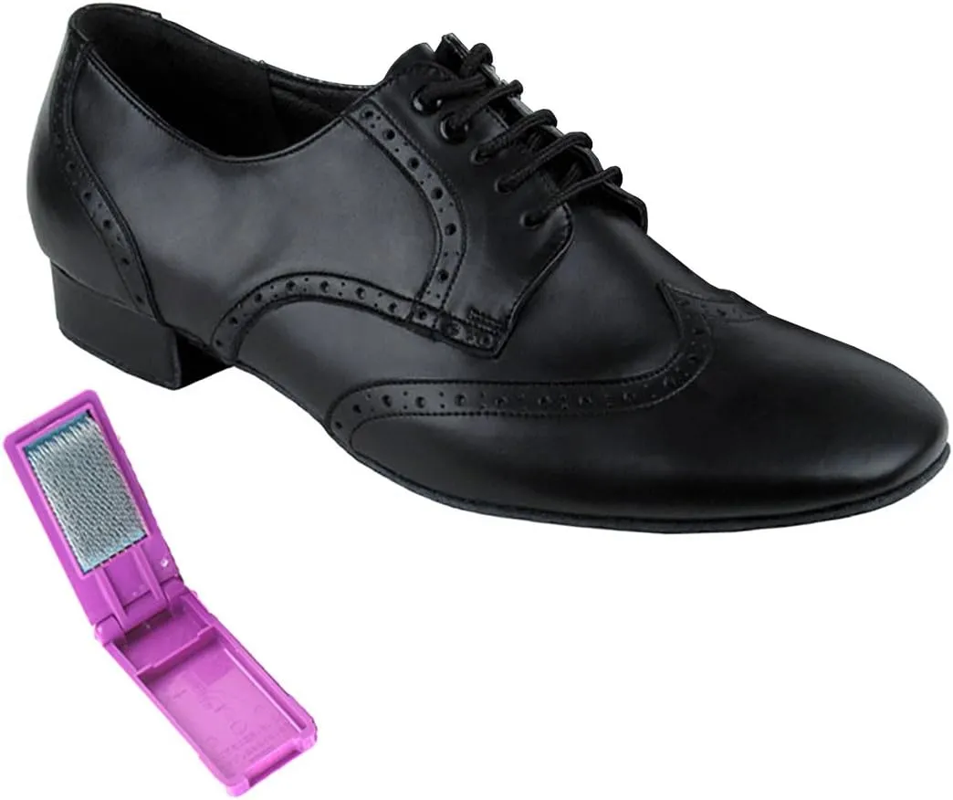 Very Fine Dance Shoes - Mens Standard, Smooth, Waltz Ballroom Dance Shoes - PP301-1-inch Heel and Foldable Brush Bundle - Black Leather - 9.5