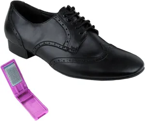 Very Fine Dance Shoes - Mens Standard, Smooth, Waltz Ballroom Dance Shoes - PP301-1-inch Heel and Foldable Brush Bundle - Black Leather - 9.5