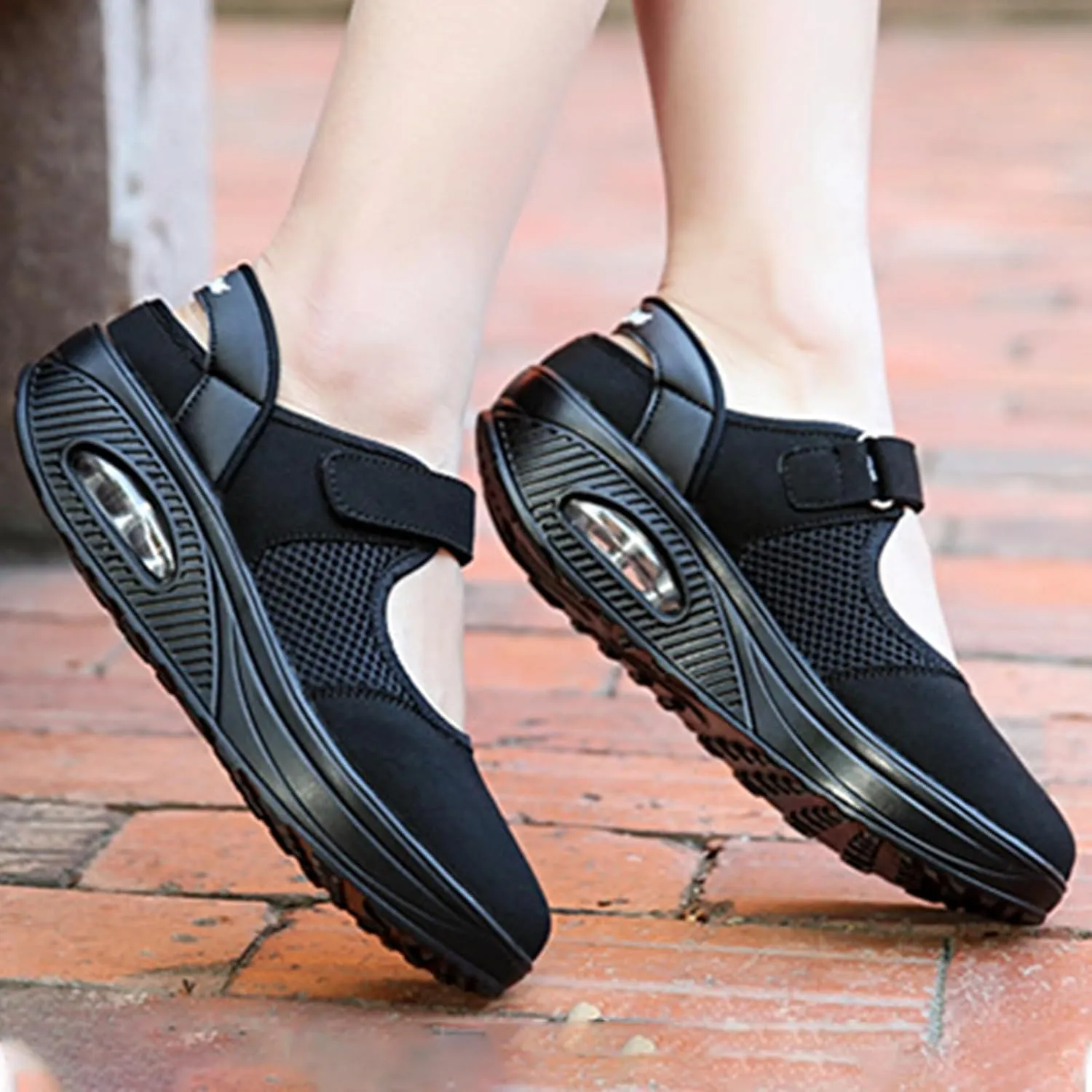 Women's Mesh Air Cushion Mary Jane Shoes Classic Round Toe Adjustable Hook and Loop Non-Slip Nurse Walking Shoes Summer Lightweight Breathable Sneakers