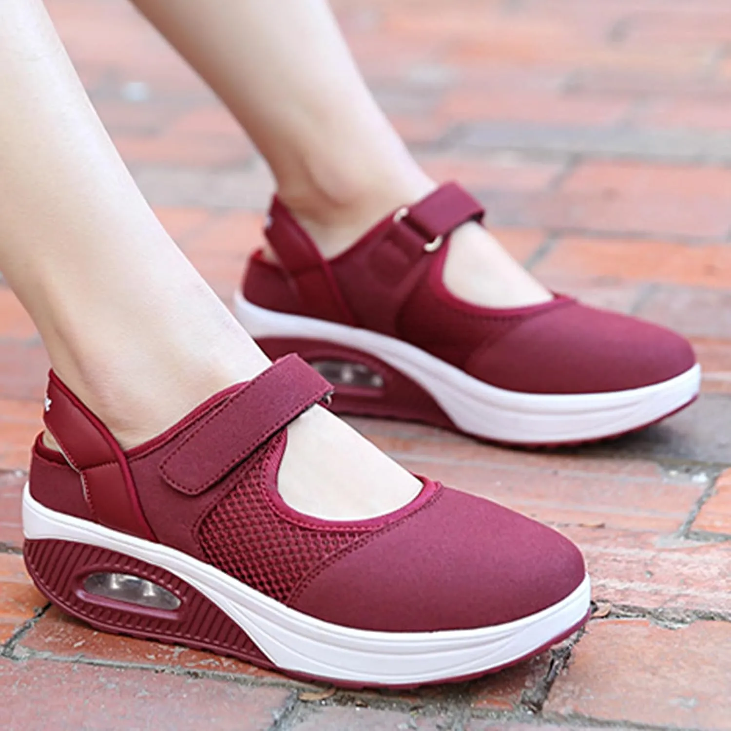 Women's Mesh Air Cushion Mary Jane Shoes Classic Round Toe Adjustable Hook and Loop Non-Slip Nurse Walking Shoes Summer Lightweight Breathable Sneakers