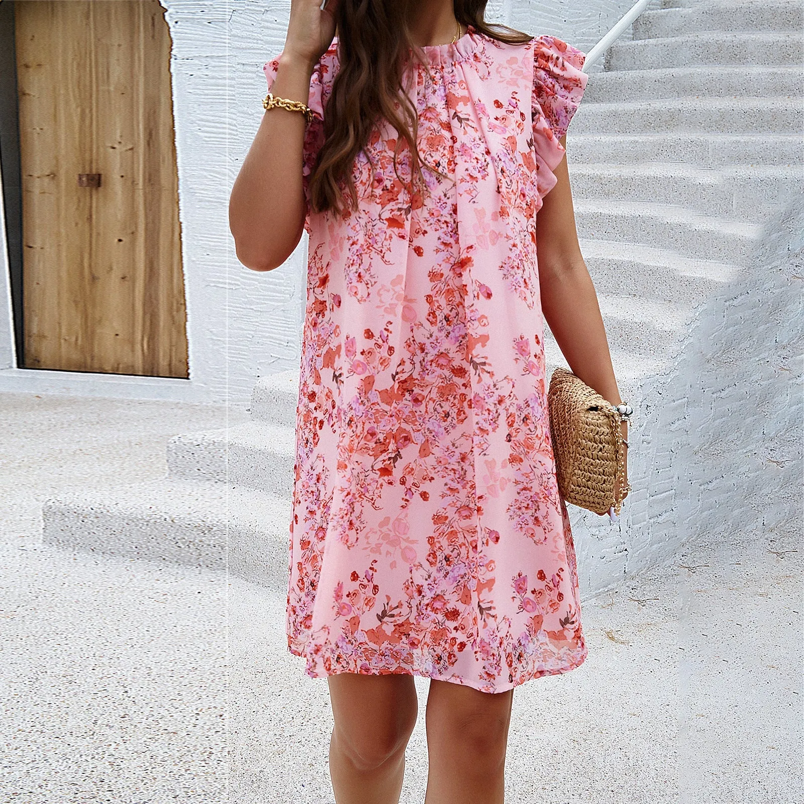 Womens Sleeveless Dress  A-Line Fit  Ruffled Cap Sleeves  Floral Print  Lightweight